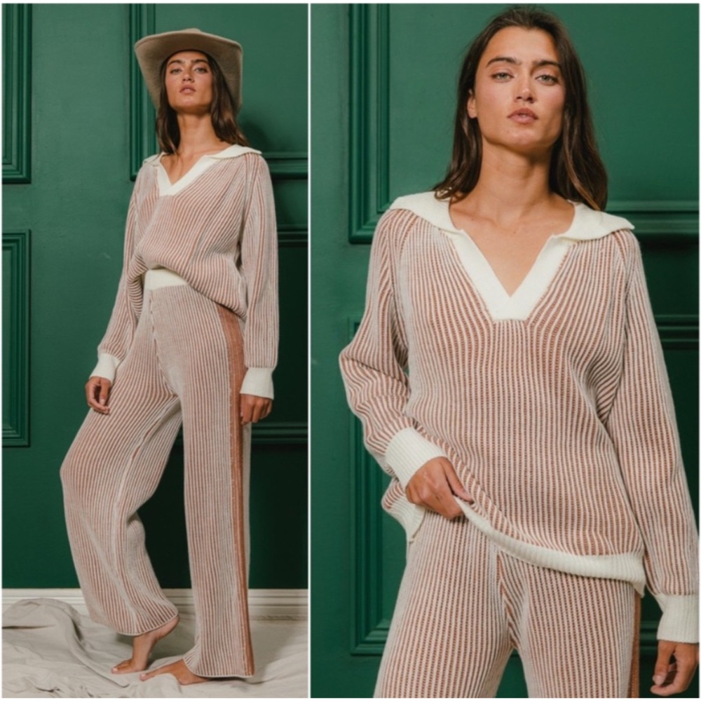 NEW! Bibi Two Tone Ribbed Textured Stretchy Waist Pants Sweater Set